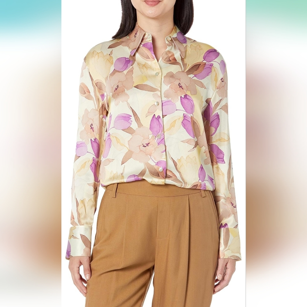 Vince Nouveau Magnolia Silk Blouse XS Sundew Floral Long Sleeve Button Up Top
